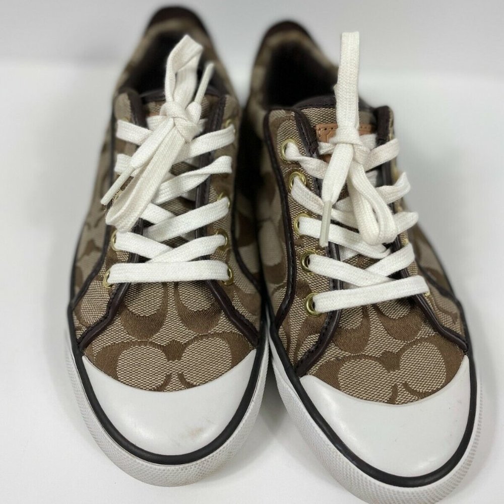 Coach Brown Tan Barrett II Monogram Signature Fabric Lace Up Sneaker - Size 6 - Picture 2 of 6